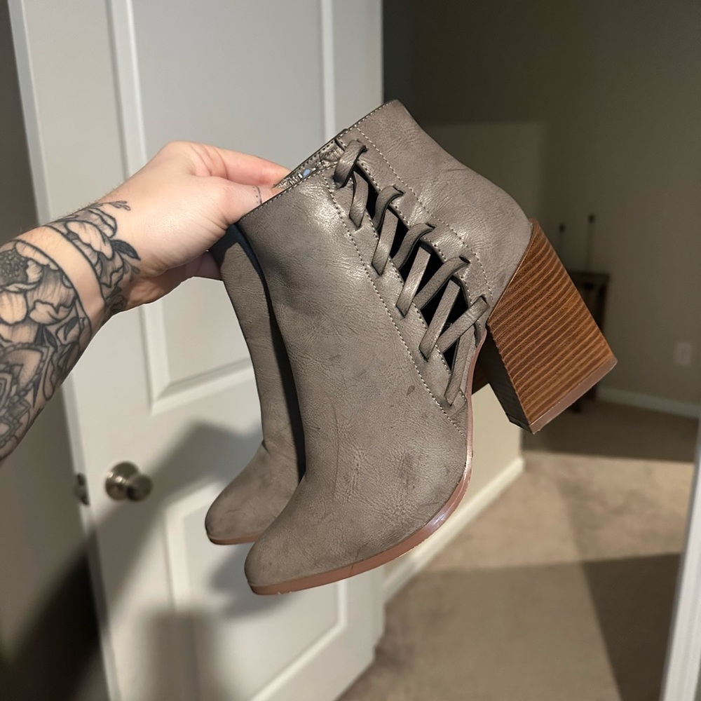 Gray heeled booties